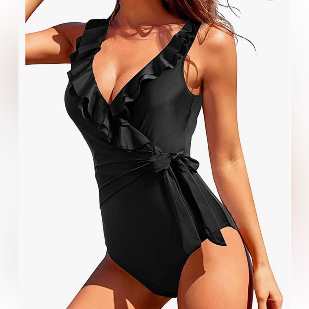 TEMPT ME Women’s Black Ruffle Wrap One Piece Swimsuit NWT Size L